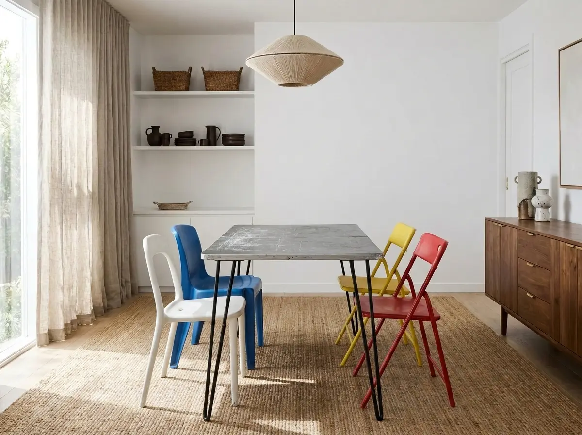 A small scratched flat-pack dining table sitting off-centre in a large dining room