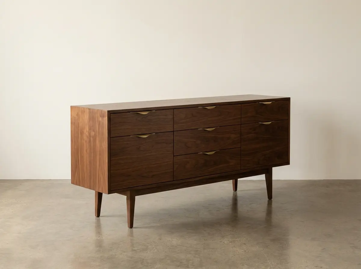 The same mid-century sideboard restored with an even satin finish and clean brass hardware
