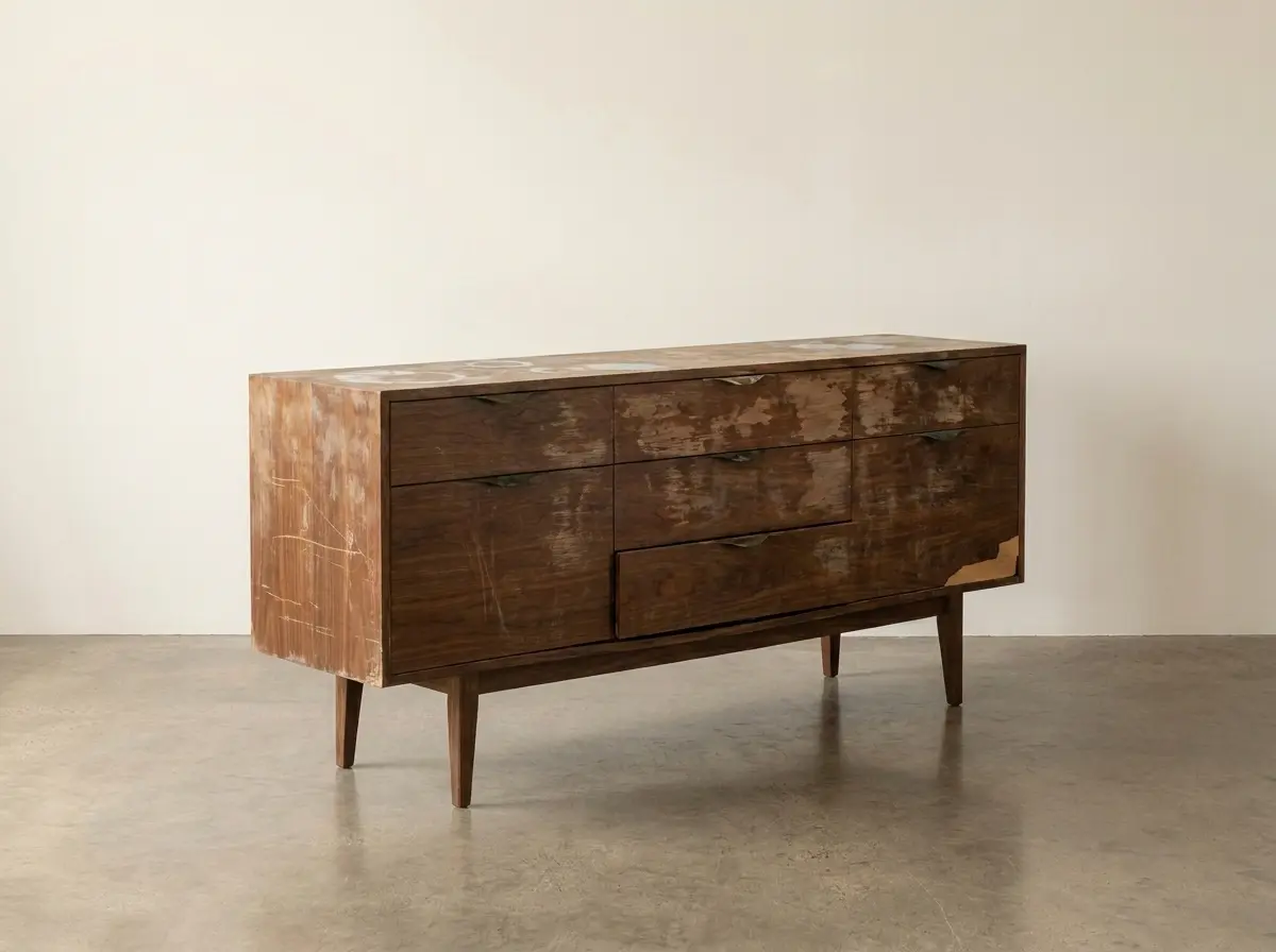 A mid-century timber sideboard with cloudy flaking lacquer, water rings and deep scratches