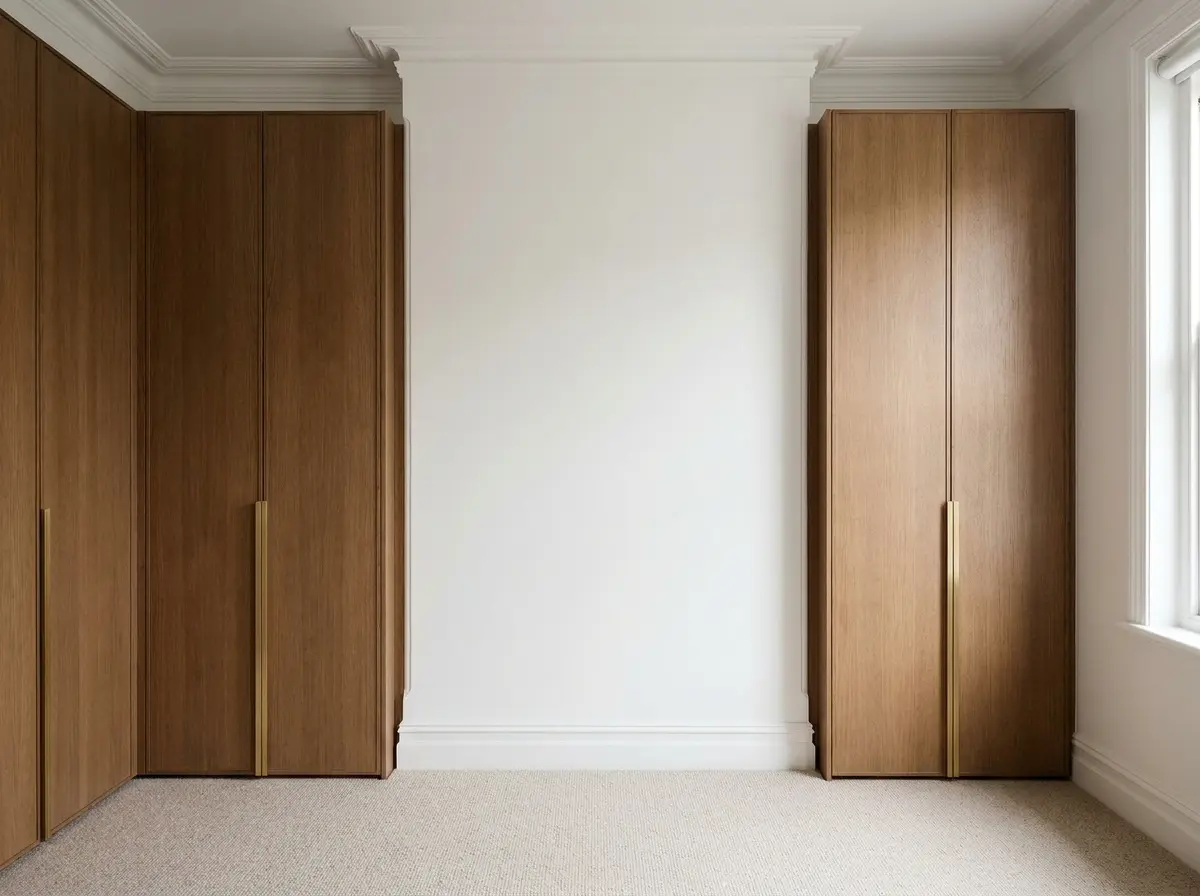 Floor-to-ceiling custom built-in wardrobe joinery in oak veneer in the same bedroom