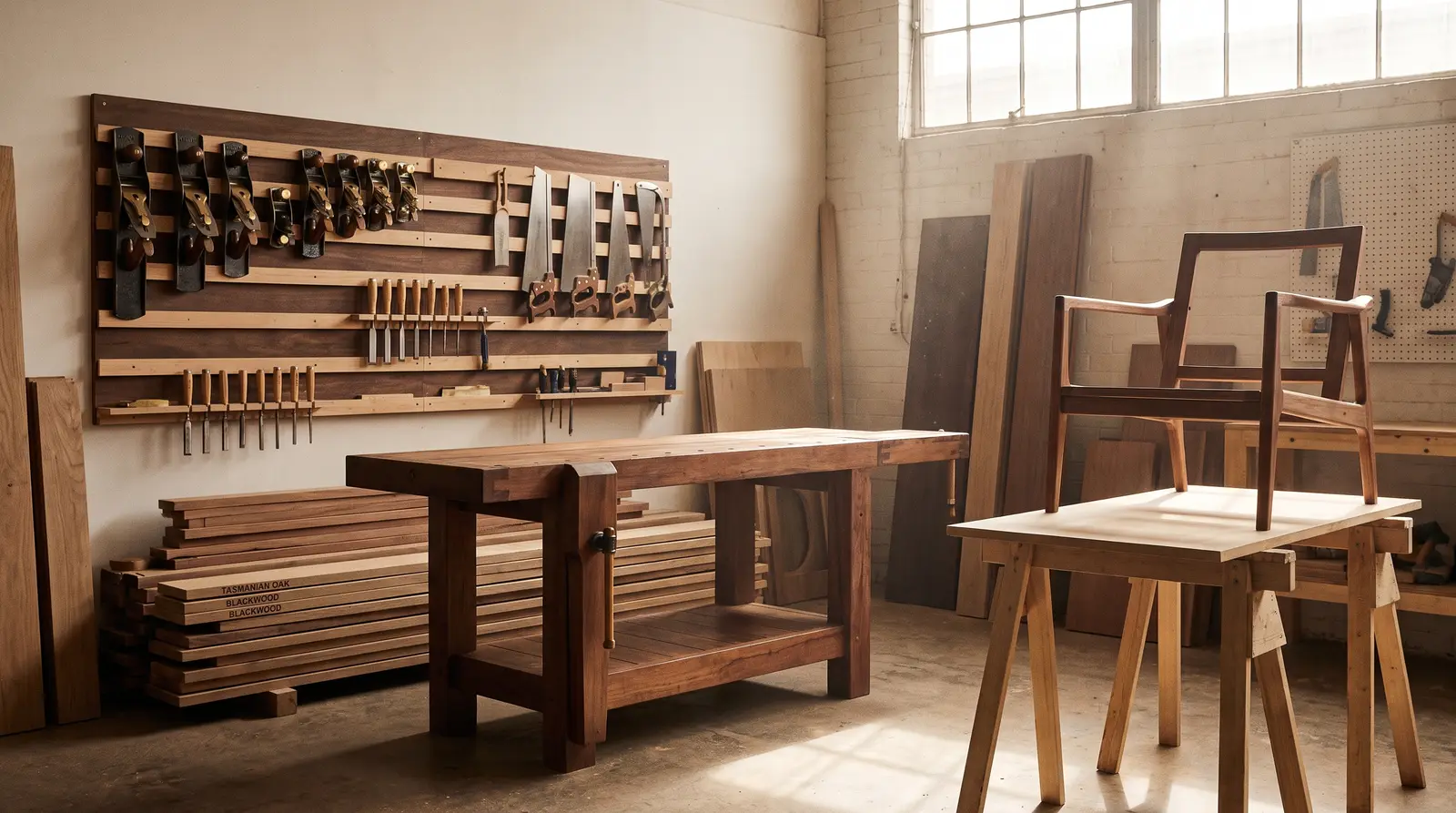 A tidy Australian furniture workshop with hand tools on a French cleat rack