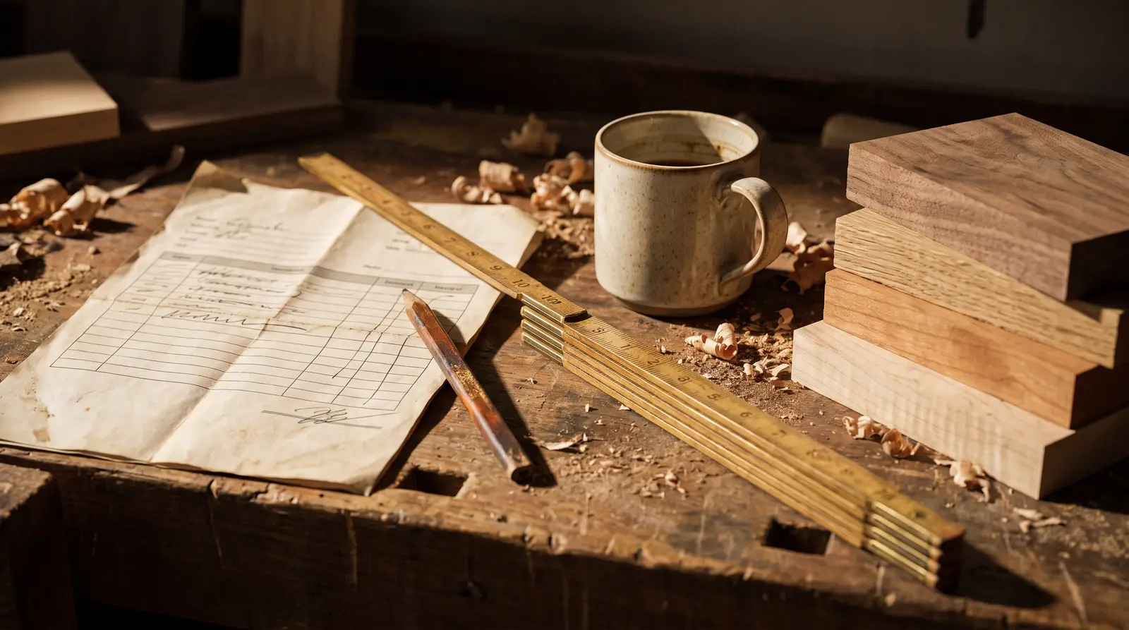A folded quote, a carpenter's pencil, a folding rule and timber samples on a workshop bench
