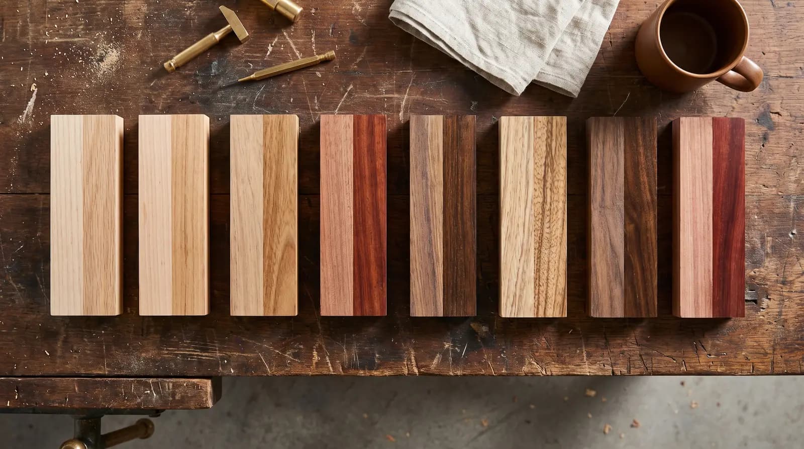 Eight Australian timber samples half-oiled on a workshop bench showing their colour range
