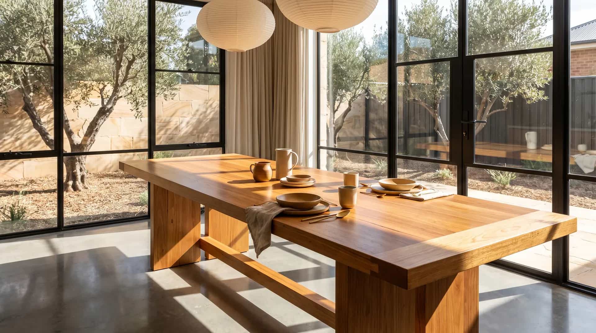 A large custom solid timber dining table in a light-filled Adelaide home with olive trees beyond the glazing