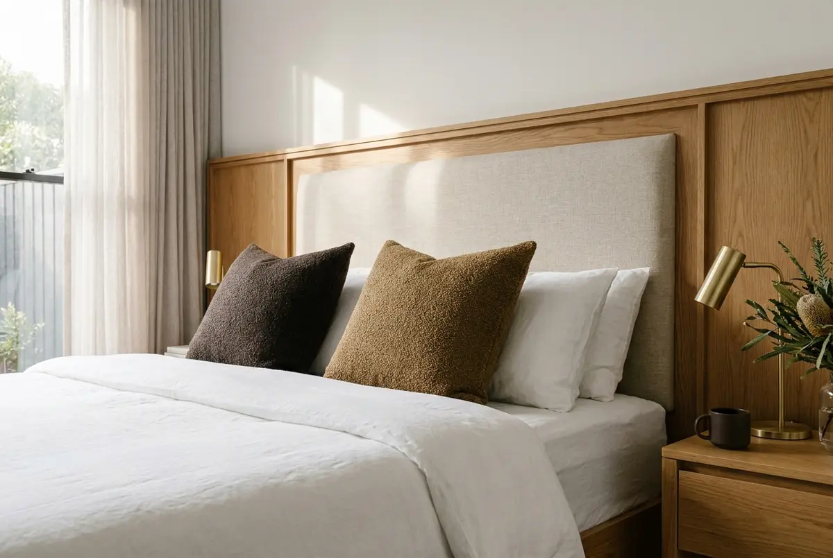 Custom oak-framed upholstered bedhead in oatmeal linen in an Adelaide bedroom