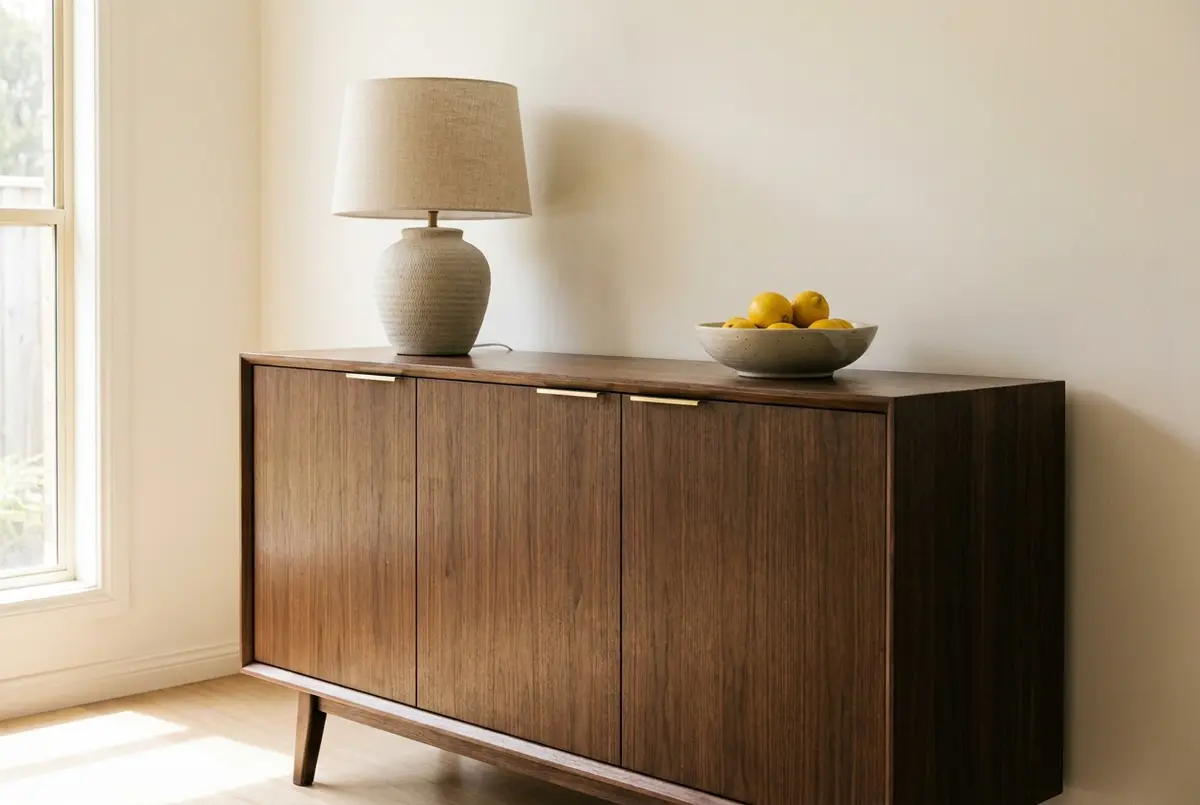 Custom blackwood buffet sideboard with grain-matched doors and brass pulls in an Adelaide dining room