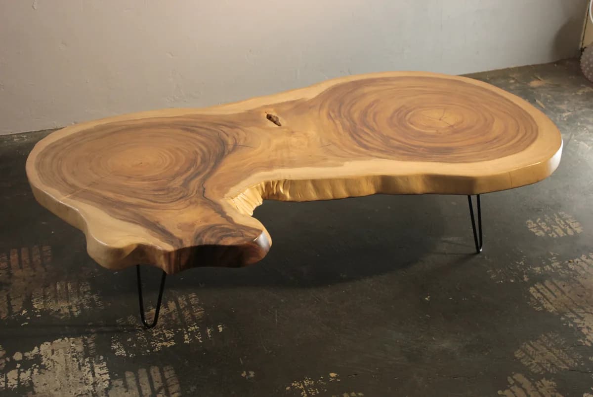 A live-edge timber slab coffee table on slim black steel legs