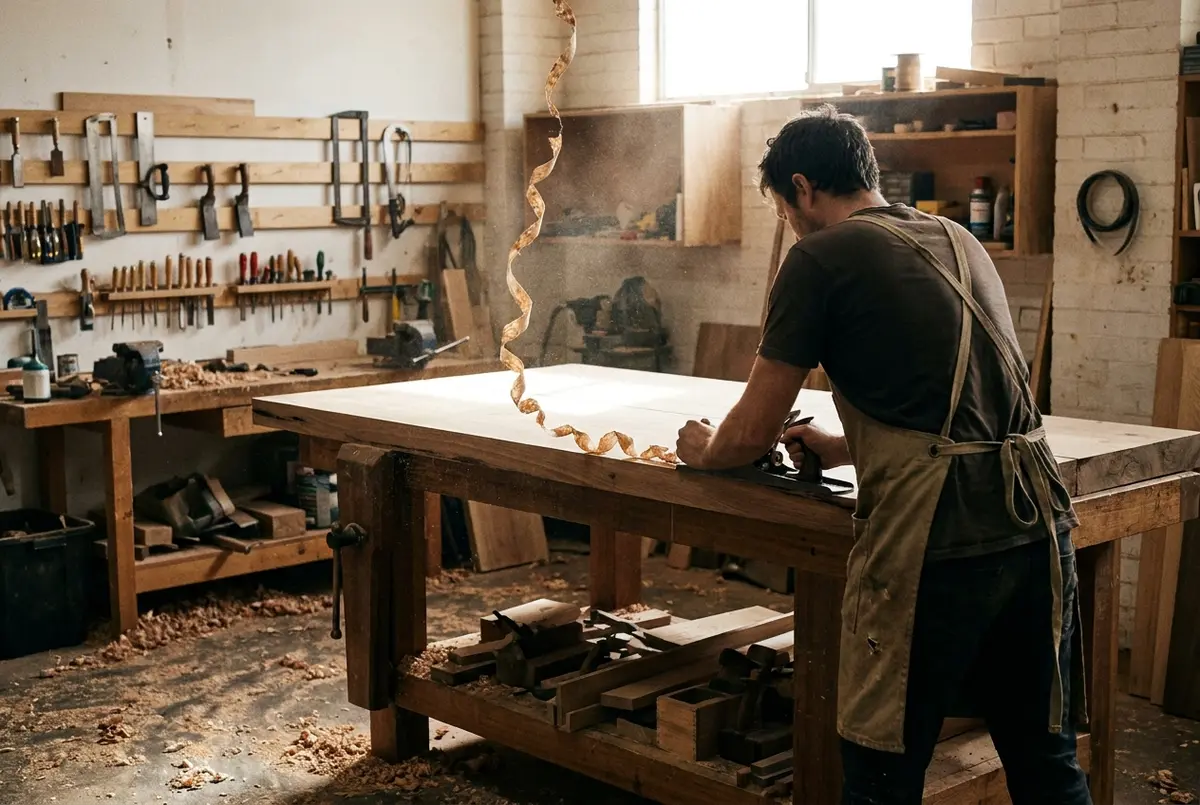 Furniture maker hand-planing a solid timber tabletop in a small Adelaide workshop