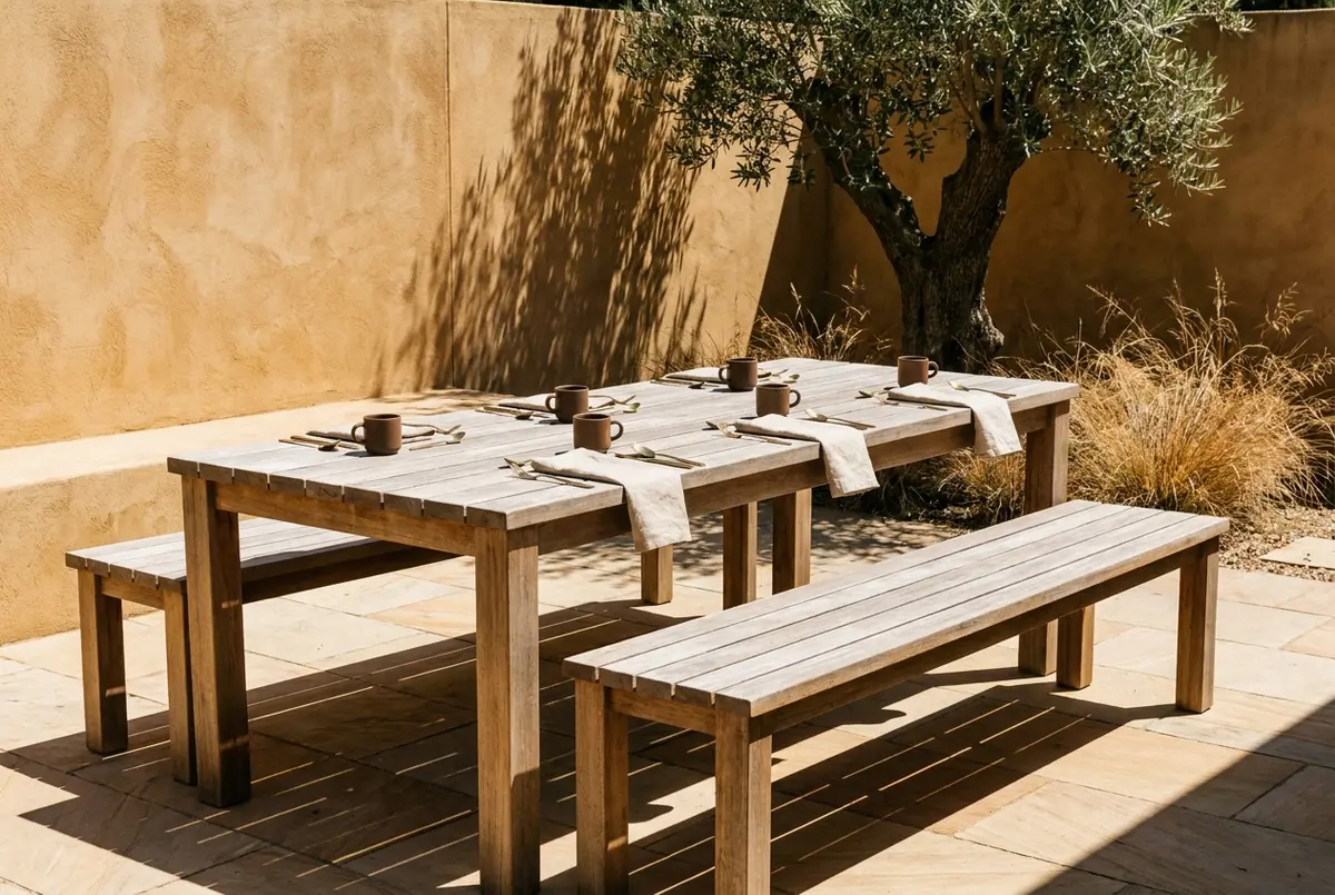 Custom Australian hardwood outdoor dining setting on a paved Adelaide courtyard