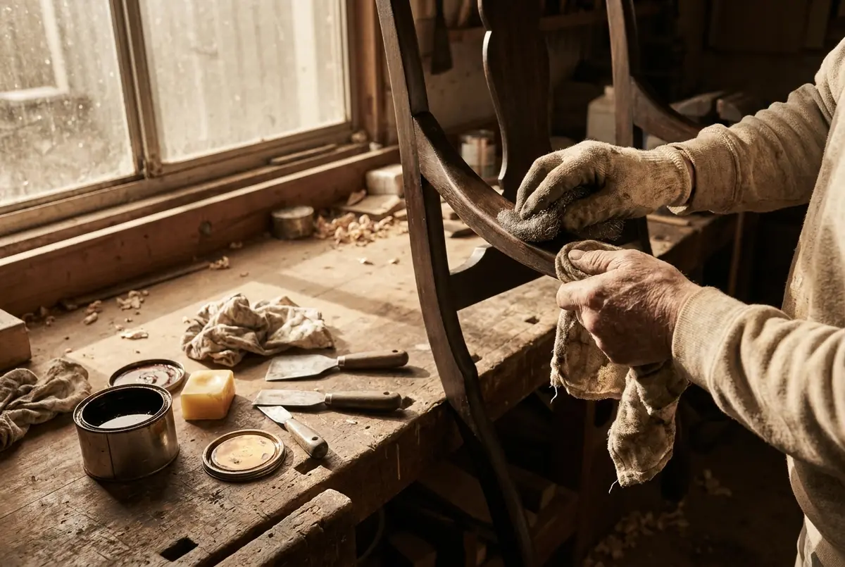 Hands cutting back an old timber chair finish with fine steel wool in an Adelaide restoration workshop