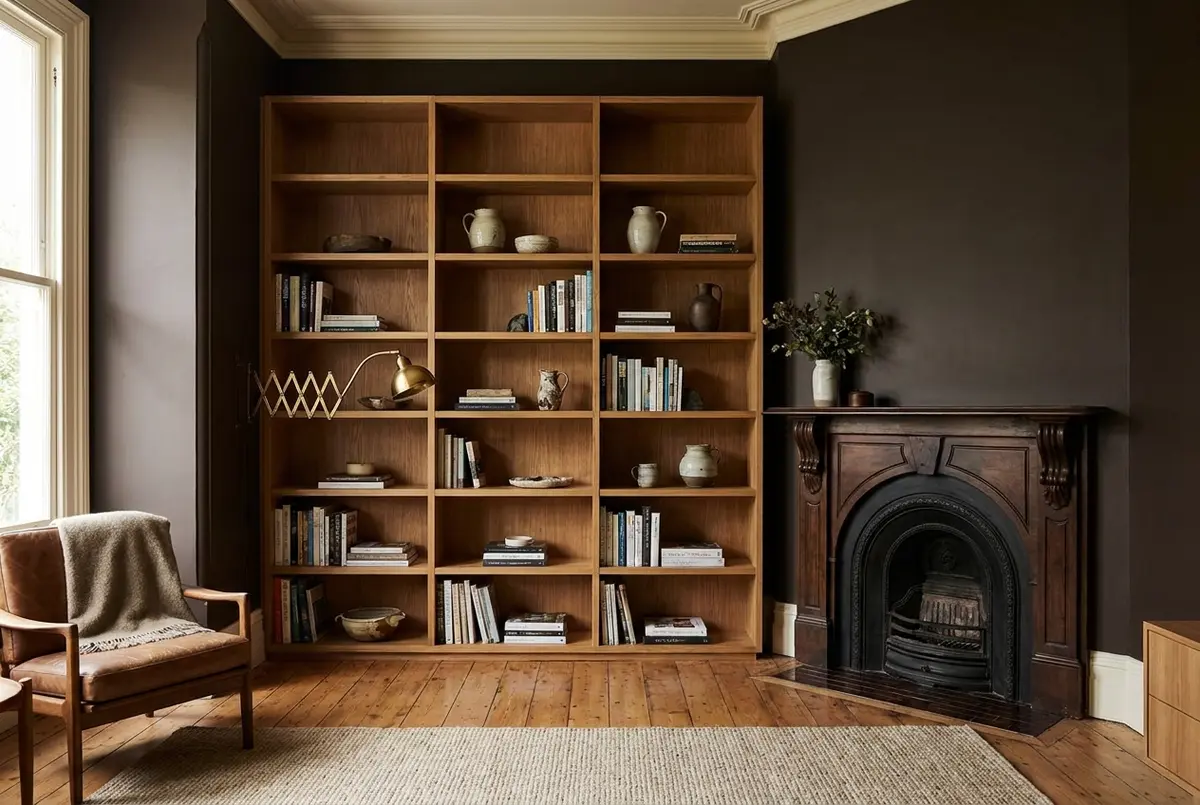 Floor-to-ceiling custom oak bookcase built into an alcove in an Adelaide villa