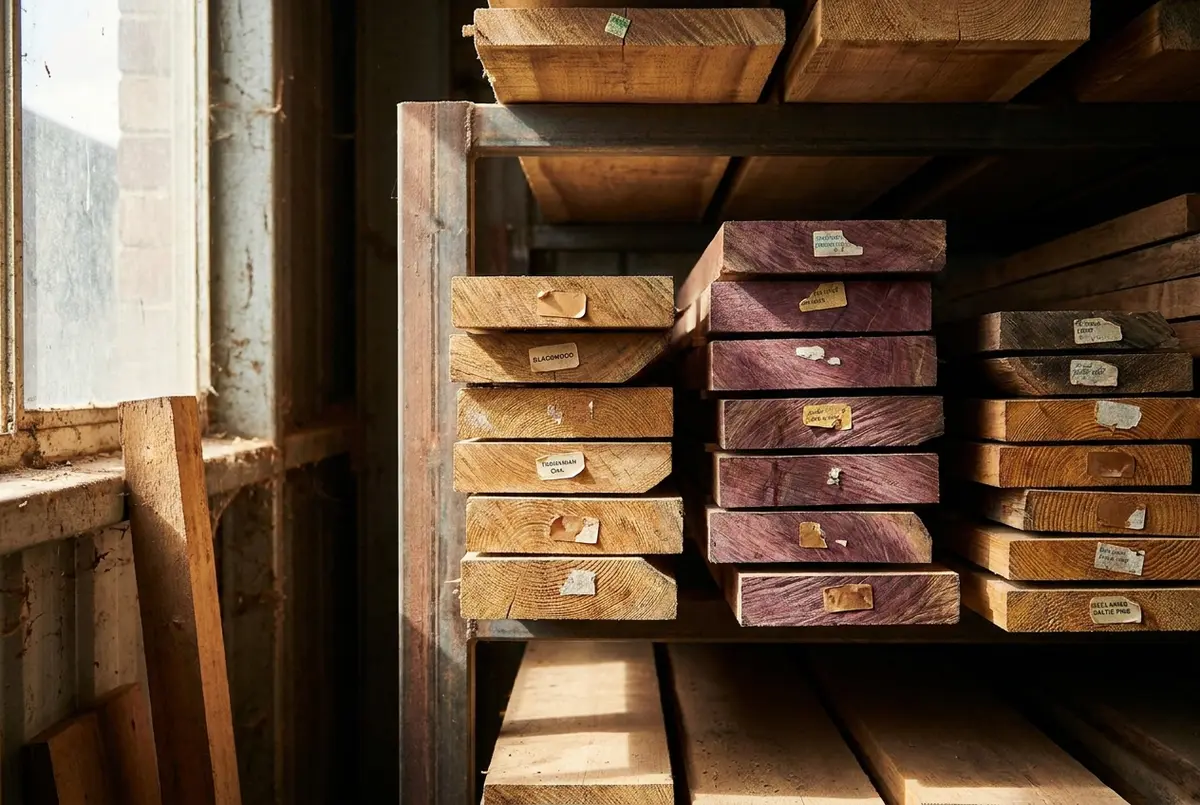 Stacked Australian hardwood boards including blackwood, Tasmanian oak and river red gum in a timber rack