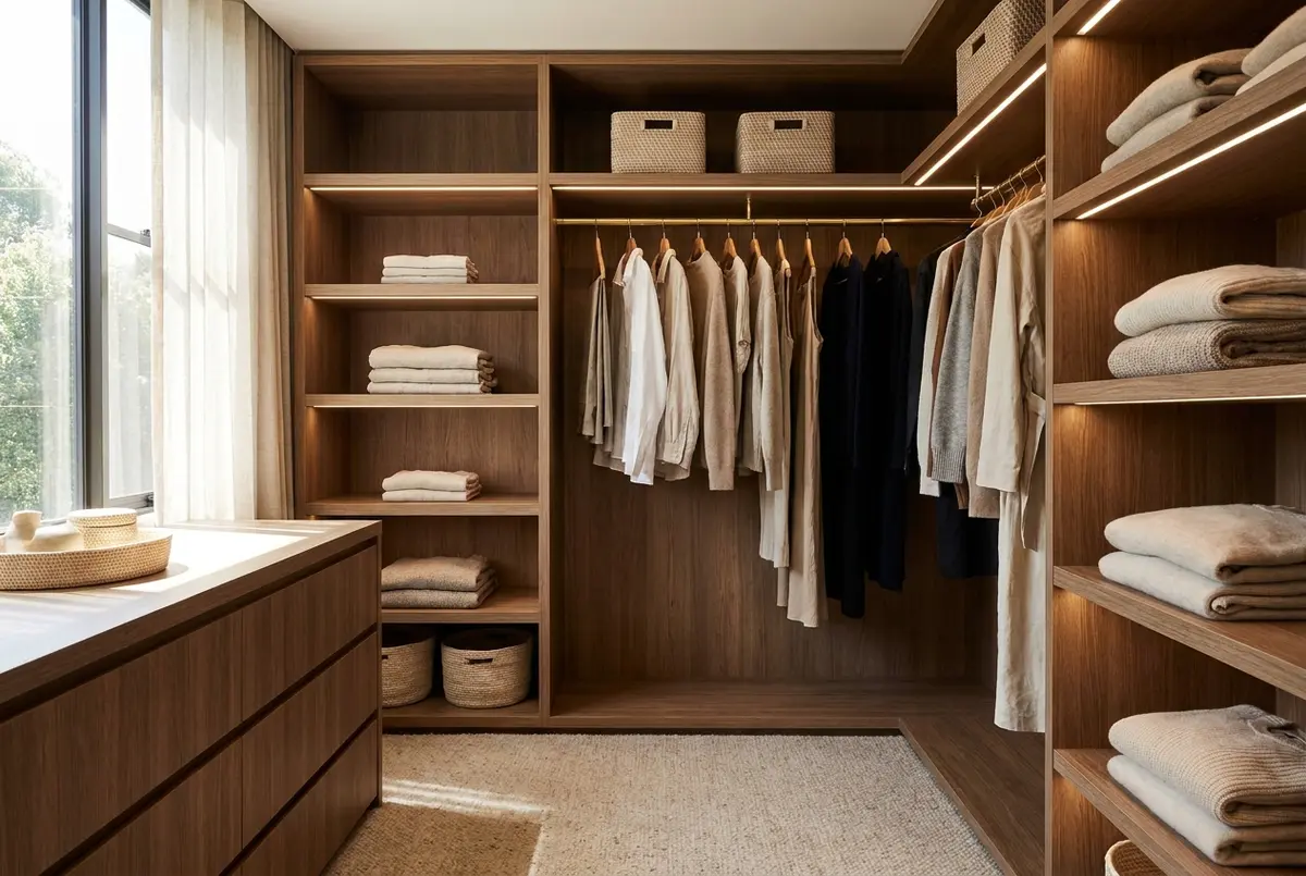 Inside a custom built-in walk-in wardrobe with oak shelving and a brass hanging rail in Adelaide